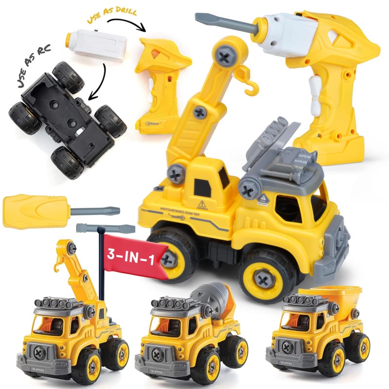 Top Race 3-in-1 Construction Toys - Easy Assembly Take Apart Construction Trucks with Remote Control and Drill - 3 Building Models for Kids Ages 3 and Up - Ideal for Indoor and Outdoor Play - Image 1